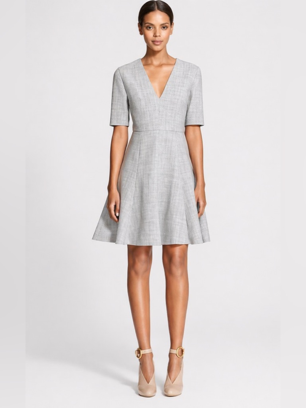 Stella McCartney Runway Grey Fit &‎ Flare Short Sleeve Wool Blend V-Neck Dress